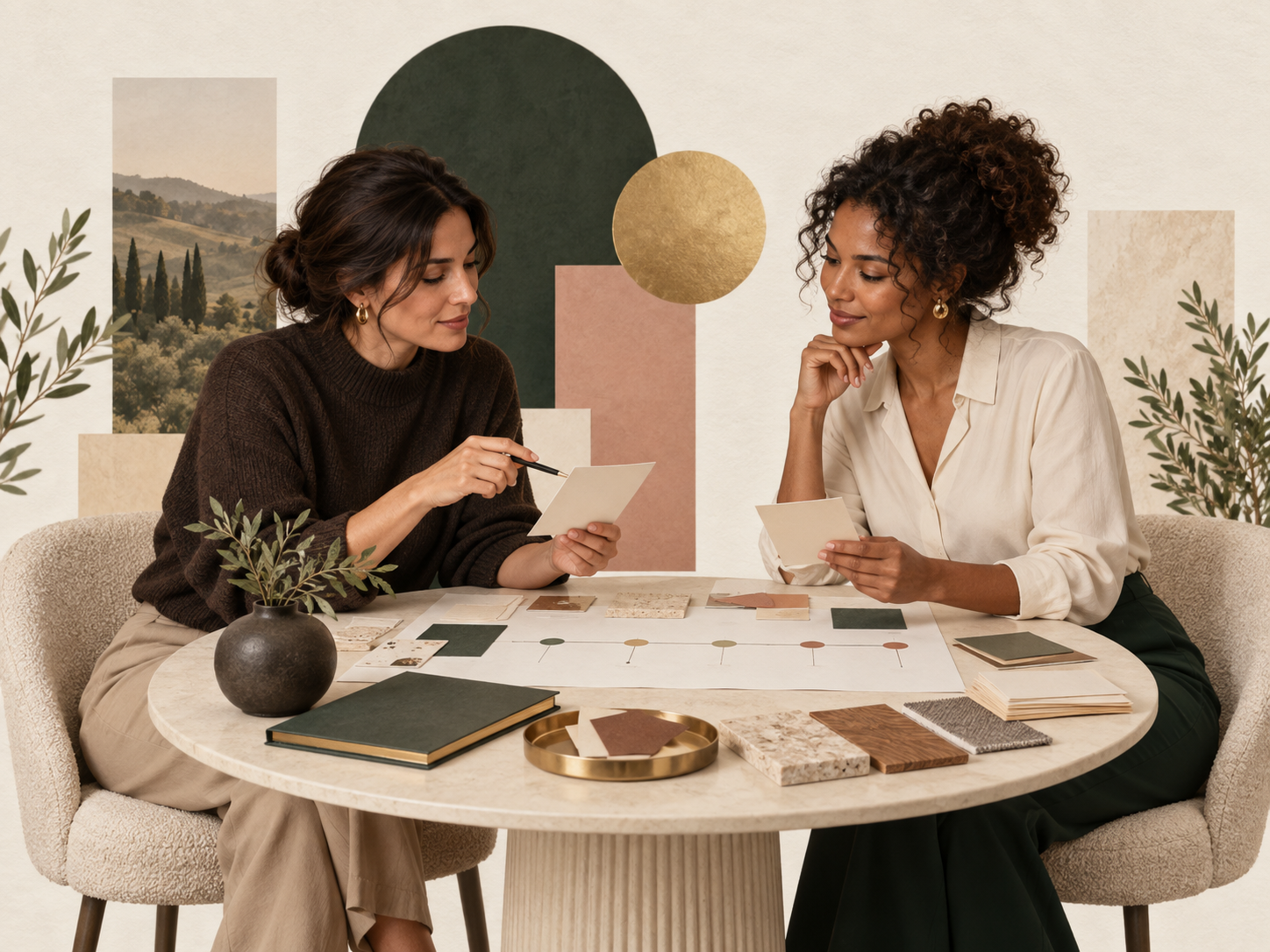 Ilustração editorial de duas mulheres revisando juntas o planejamento do produto