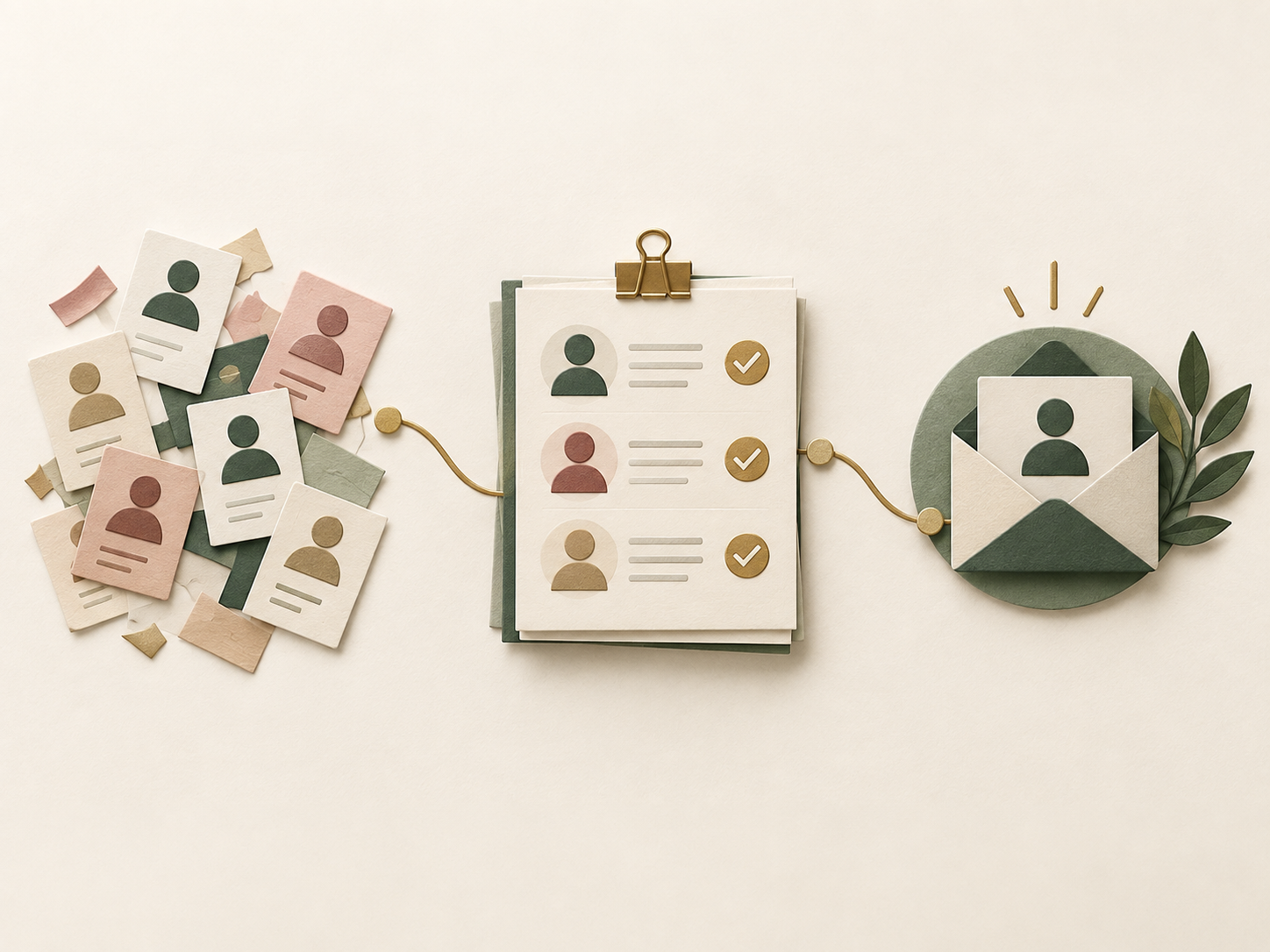Ilustração editorial de cartões dispersos que se organizam em um checklist e levam ao contato